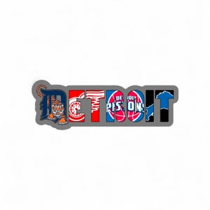 May include: A sticker featuring the word DETROIT in bold block letters. Each letter incorporates logos from professional sports teams, including a tiger, a winged wheel, a basketball emblem, and a lion silhouette, all on a gray background.