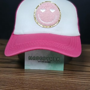 Comfortable Pink Smiley Face Trucker Hat - Breathable & Adjustable Baseball Dad Cap