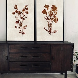 May include: Two framed botanical prints with brown floral illustrations on a cream background. The prints are displayed on a dark brown wooden dresser with three drawers.