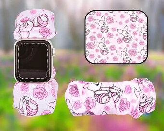 Pulsera de tela con coletero y correa para reloj inteligente con diseño de cerdito de dibujos animados y temática del bosque.