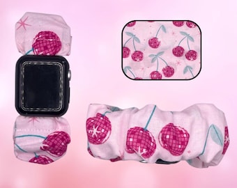 Pulsera de tela con coletero y correa para reloj inteligente con diseño de bola de discoteca de cereza