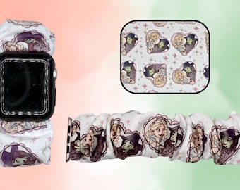 Pulsera inteligente con coletero de tela con temática de brujas y amigos del musical clásico de Broadway