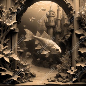 Laser Burn Engrave PNG File, 3D Illusion Image Photo, Wood Cut Carve, Lightburn, Xtool, Glowforge, Co2 k40, CNC, palace, castle, gold fish