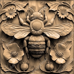 May include: A detailed wood carving of a bee with wings outstretched, surrounded by carved flowers. The bee is in the center of the image and is the main focus. The flowers are carved in a realistic style and have intricate details.