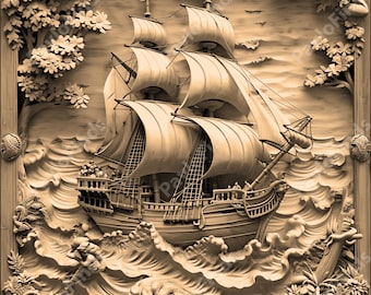 May include: A detailed wood carving of a ship sailing through rough waves. The ship has multiple sails and is carved with intricate details. The waves are carved in a realistic style, with foam and spray.