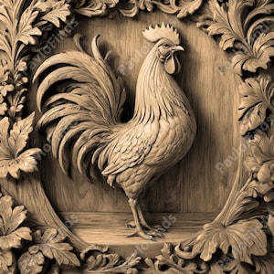 May include: A detailed wooden carving of a rooster with a raised tail, set against a background of carved floral designs.