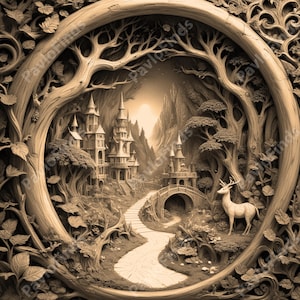 Laser-Brand-Gravur PNG-Datei, 3D-Illusion Bild Foto, Holzschnitt schnitzen, Lightburn, Xtool, Glowforge, Co2 K40, CNC, Elch, Hirsch, Bergburg