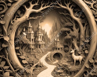 Laser Burn Engrave PNG File, 3D Illusion Image Photo, Wood Cut Carve, Lightburn, Xtool, Glowforge, Co2 K40, CNC, elk, deer, mountain castle