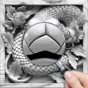 May include: A close-up of a detailed, carved wooden panel depicting a dragon with scales and a flower. A magnifying glass is used to highlight the intricate details of the dragon's scales.