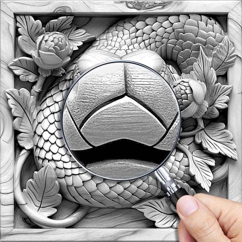 May include: A close-up of a detailed, carved wooden panel depicting a dragon with scales and a flower. A magnifying glass is used to highlight the intricate details of the dragon's scales.