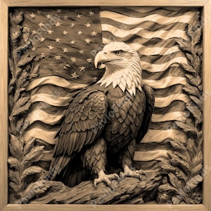 May include: A wooden carving of an American bald eagle perched on a branch, with the American flag in the background. The carving is detailed and realistic, with the eagle's feathers and the flag's stripes and stars clearly visible.