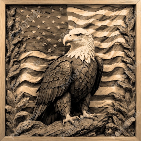 Laser Burn Engrave PNG Digital File, 3D Illusion, Wood Cut Carve, Lightburn, Xtool, Glowforge, Co2 K40, CNC, american flag USA, hawk, eagle