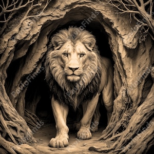 以下が含まれることがあります： 太いたてがみを持つ雄大なライオンが暗い洞窟から現れ、鋭い視線を鑑賞者に投げかけています。ライオンの毛皮は濃い茶色で、目は深い琥珀色をしています。洞窟は荒々しい石でできており、背景は暗い影がぼやけています。
