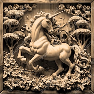May include: A wooden carving of a unicorn in a forest setting. The unicorn is carved in a realistic style with detailed features, including its horn, mane, and tail. The forest is carved with trees, flowers, and leaves.