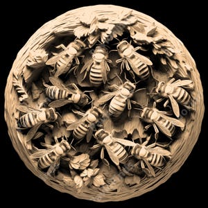 May include: A detailed carving of a honeycomb with bees in a circular wooden frame. The bees are carved in a realistic style and are arranged in a cluster around the honeycomb.