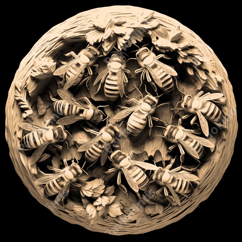 May include: A detailed carving of a honeycomb with bees in a circular wooden frame. The bees are carved in a realistic style and are arranged in a cluster around the honeycomb.