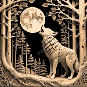 May include: A wooden carving of a wolf howling at the moon in a forest setting. The wolf is detailed with intricate carvings and the moon is full and bright.