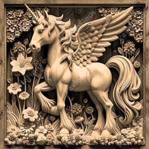 May include: A wooden carving of a winged unicorn standing in a field of flowers. The unicorn is carved in a light brown color and has a flowing mane and tail. The flowers are carved in a variety of colors and shapes.