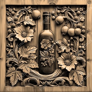 May include: A wooden relief carving featuring a wine bottle surrounded by floral and fruit motifs. The design includes detailed carvings of flowers, leaves, and berries, all within a wooden frame. The color palette is primarily shades of brown.
