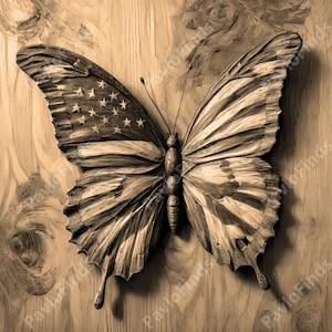 May include: A sepia-toned butterfly sculpture with wings designed to resemble the American flag. The left wing features stars, while the right wing displays stripes. The butterfly is set against a wooden background, enhancing the rustic aesthetic.
