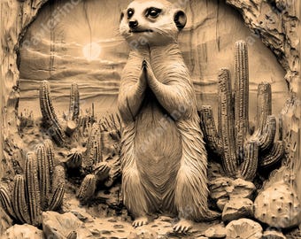 May include: A carved wooden sculpture of a meerkat standing in a desert scene with cacti. The meerkat is brown and has its paws clasped together in front of its chest. The background is a light brown color and features a carved sunset.