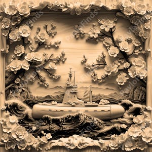Laser Burn Engrave, PNG Digital File, 3D Illusion Image Photo Picture, Wood Cut Carve, Lightburn, Xtool, Glowforge, Co2 K40, CNC, submarine