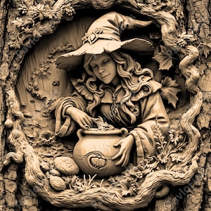 May include: A detailed wood carving of a witch with a pointed hat, long hair, and a cauldron. The carving is set against a background of leaves and branches.
