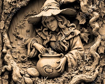 Laser Burn Engrave, PNG Digital File, 3D Illusion Image Photo Picture, Wood Cut Carve, Lightburn, Xtool, Glowforge, Co2,CNC, halloween witch