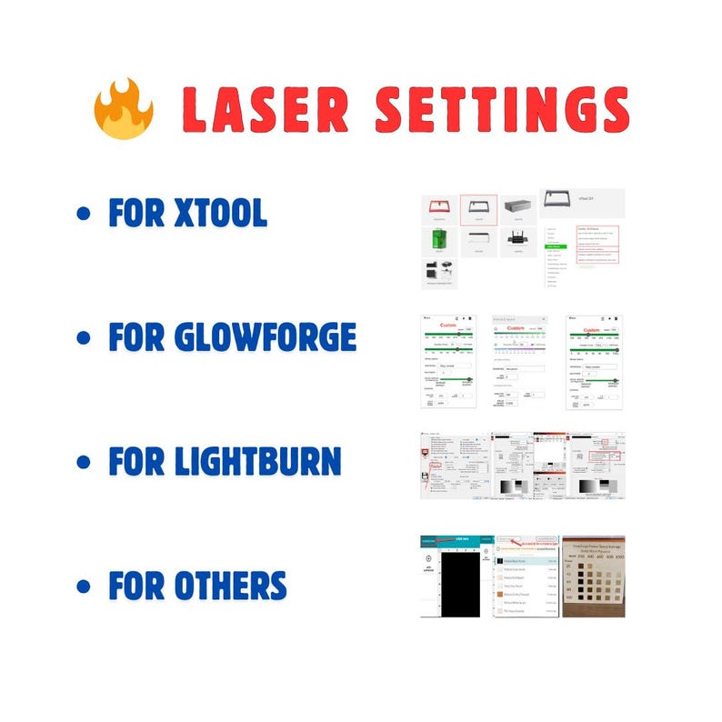 May include: A graphic showing laser settings for different laser cutting software programs. The programs include XTool, Glowforge, Lightburn, and Others. Each program has a screenshot of the settings panel.