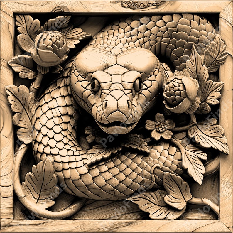 May include: A detailed wood carving of a snake coiled around a branch with leaves and flowers. The snake is carved in a realistic style with scales and a textured surface.