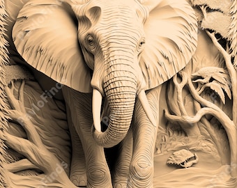 Archivo PNG de grabado láser, imagen de ilusión 3D, corte y tallado digital, Lightburn, Xtool, Glowforge, CO2, CNC, África, India, elefante png
