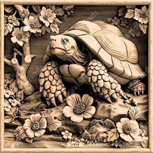 May include: A detailed wood carving of a turtle surrounded by flowers. The turtle is carved in a realistic style, with intricate details on its shell and legs. The flowers are carved in a more stylized manner, with delicate petals and leaves.