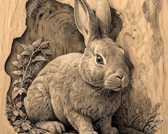 May include: A detailed wood carving of a brown rabbit sitting in front of a tree stump. The rabbit has long ears and a fluffy tail. The carving is very realistic and detailed.