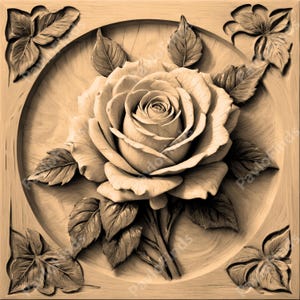 May include: A carved wooden rose with leaves, in a circular frame, on a wooden background.