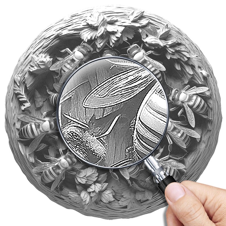 May include: A close-up of a detailed, carved wooden beehive with a magnifying glass highlighting a bee inside. The beehive is surrounded by bees in various poses.
