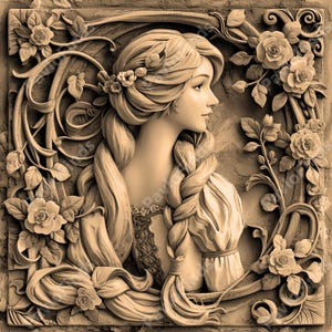 May include: A detailed carving of a woman with long braided hair, set against a background of stylised floral vines and leaves. The carving is in a light brown colour, giving it a warm and rustic feel.