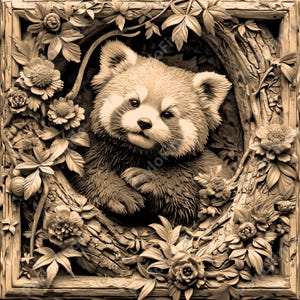 Puede incluir: Una talla de madera detallada de un panda rojo asomándose desde un tronco de árbol rodeado de flores y hojas talladas.