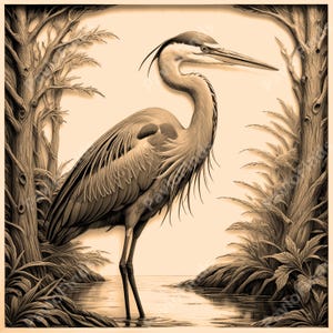 Laser Burn Engraving PNG Digital File, 3D Illusion Image Photo, Wood Cut Carve, Lightburn, Xtool, Glowforge, Co2 K40,CNC, bird, stork, heron