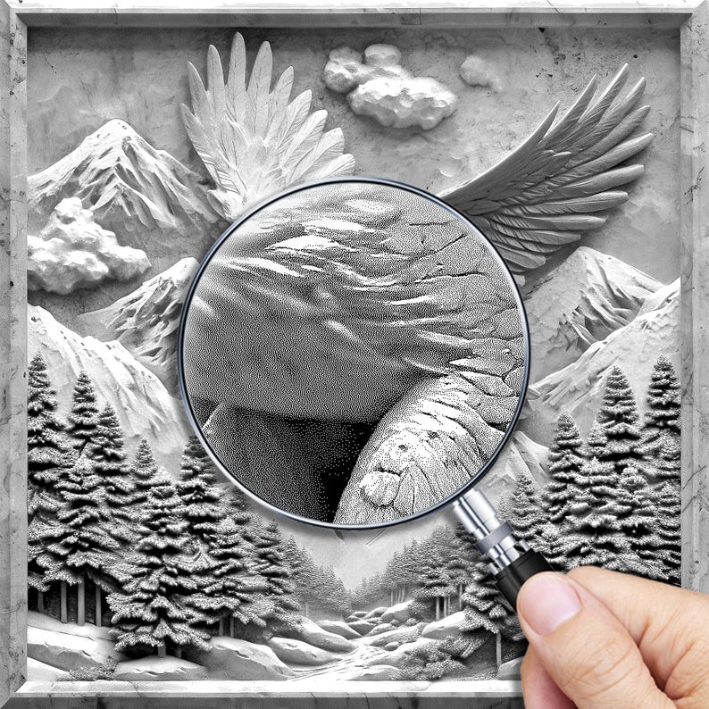 May include: A black and white image of a carved stone sculpture of a winged figure with a magnifying glass over the figure's face. The sculpture is set against a background of carved mountains and trees.