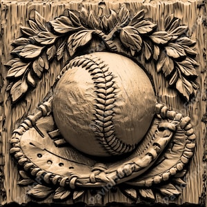 May include: A wooden carving of a baseball and a catcher's mitt with leaves surrounding the ball. The carving is in a light brown color.