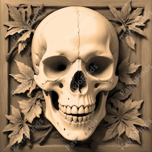May include: A detailed, white, ceramic skull sculpture with a carved, wooden frame. The skull is surrounded by carved, wooden leaves.