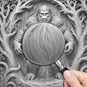 May include: A grayscale image of a Bigfoot sculpture carved into a tree, viewed through a magnifying glass. The sculpture is detailed with fur and facial features. The magnifying glass is held by a hand.