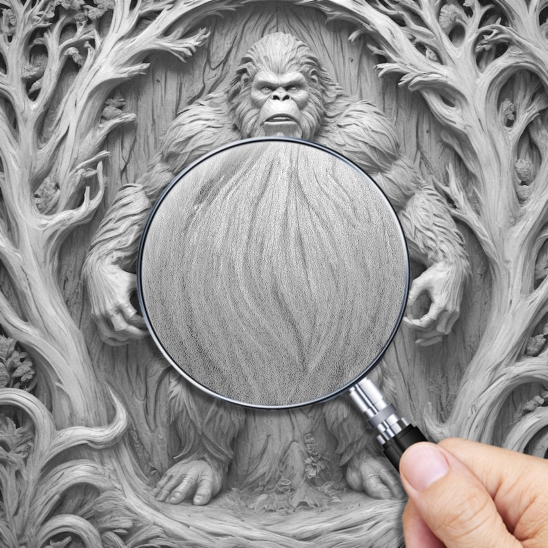 May include: A grayscale image of a Bigfoot sculpture carved into a tree, viewed through a magnifying glass. The sculpture is detailed with fur and facial features. The magnifying glass is held by a hand.