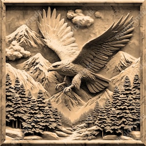 May include: A carved wooden sculpture of an eagle in flight over a mountain range with a forest in the foreground. The eagle's wings are spread wide and the mountains are snow-capped. The forest is dense with pine trees.