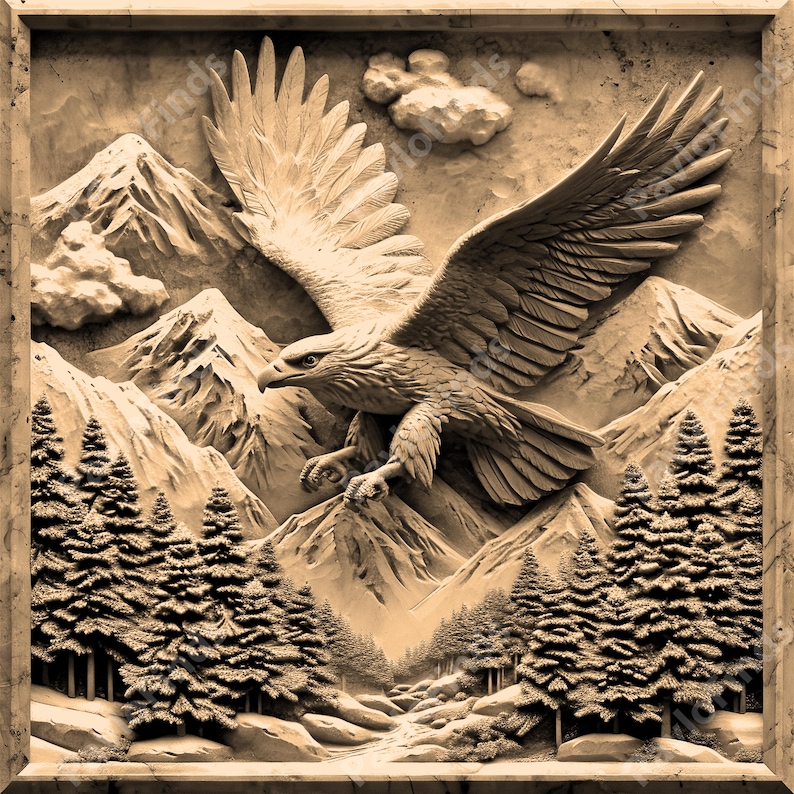 May include: A carved wooden sculpture of an eagle in flight over a mountain range with a forest in the foreground. The eagle's wings are spread wide and the mountains are snow-capped. The forest is dense with pine trees.