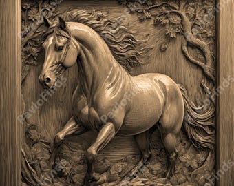 Laser Burn Engrave PNG File, 3D Illusion Image, Wood Cut Carve Digital, Lightburn, Xtool, Glowforge, Co2 K40, animals, stallion, horse