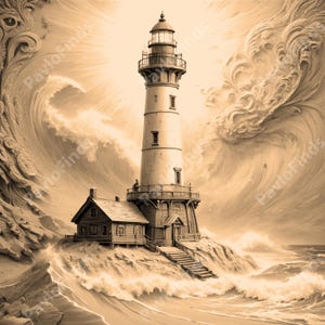 May include: A sepia-toned illustration of a lighthouse standing tall against a backdrop of swirling waves. The lighthouse is white with a black roof and a small house attached to its base. The waves are crashing against the shore, creating a dramatic scene.