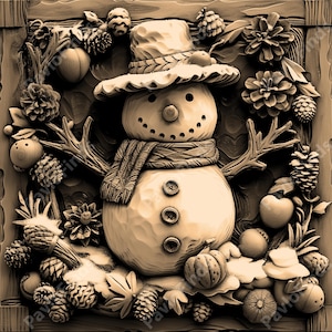 May include: A carved wooden snowman with a brown hat and scarf, surrounded by autumn leaves, acorns, and pine cones.