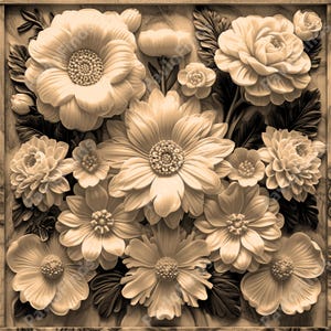 May include: A carved wooden panel with a relief design of beige flowers. The flowers are arranged in a bouquet with leaves and stems. The panel has a rustic, antique look.