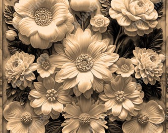 May include: A carved wooden panel with a relief design of beige flowers. The flowers are arranged in a bouquet with leaves and stems. The panel has a rustic, antique look.